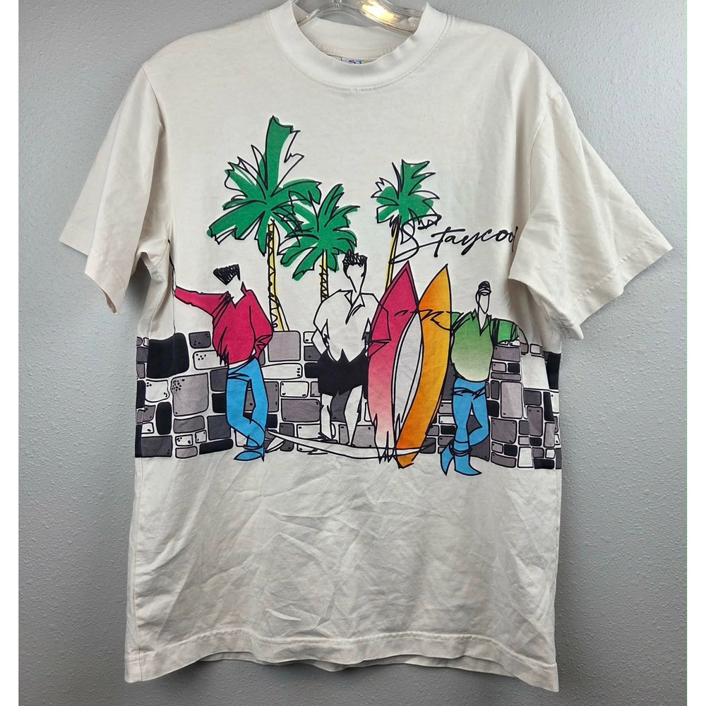 Stay Cool Cream Graphic Surf T-Shirt Retro Palm Tree Small